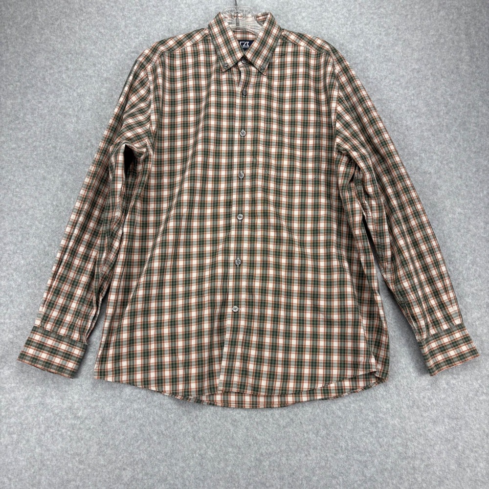 Cutter & Buck Button Down Shirt Mens S Green Orange Plaid Egyptian Cotton Casual